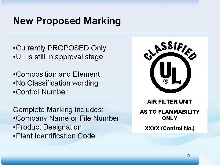 New Proposed Marking • Currently PROPOSED Only • UL is still in approval stage