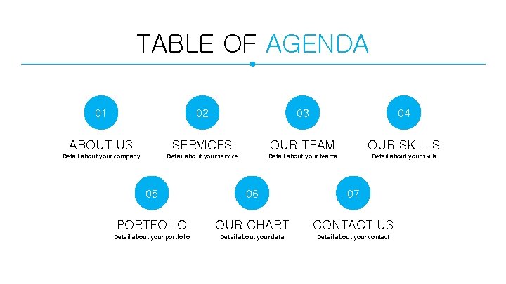 TABLE OF AGENDA 01 02 03 04 ABOUT US SERVICES OUR TEAM OUR SKILLS