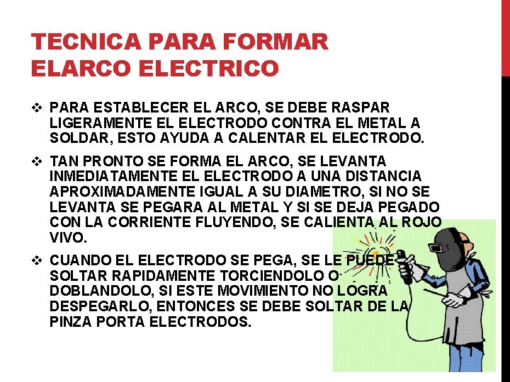TECNICA PARA FORMAR ELARCO ELECTRICO v PARA ESTABLECER EL ARCO, SE DEBE RASPAR LIGERAMENTE TECNICA PARA FORMAR ELARCO ELECTRICO v PARA ESTABLECER EL ARCO, SE DEBE RASPAR LIGERAMENTE