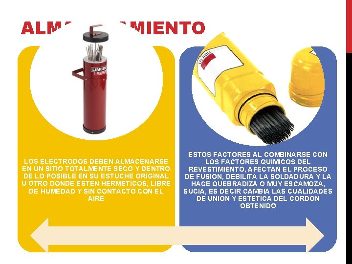 ALMACENAMIENTO LOS ELECTRODOS DEBEN ALMACENARSE EN UN SITIO TOTALMENTE SECO Y DENTRO DE LO ALMACENAMIENTO LOS ELECTRODOS DEBEN ALMACENARSE EN UN SITIO TOTALMENTE SECO Y DENTRO DE LO