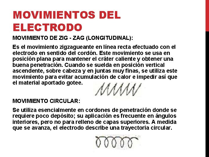 MOVIMIENTOS DEL ELECTRODO MOVIMIENTO DE ZIG - ZAG (LONGITUDINAL): Es el movimiento zigzagueante en MOVIMIENTOS DEL ELECTRODO MOVIMIENTO DE ZIG - ZAG (LONGITUDINAL): Es el movimiento zigzagueante en