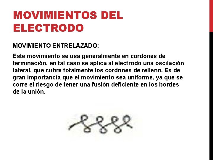 MOVIMIENTOS DEL ELECTRODO MOVIMIENTO ENTRELAZADO: Este movimiento se usa generalmente en cordones de terminación, MOVIMIENTOS DEL ELECTRODO MOVIMIENTO ENTRELAZADO: Este movimiento se usa generalmente en cordones de terminación,