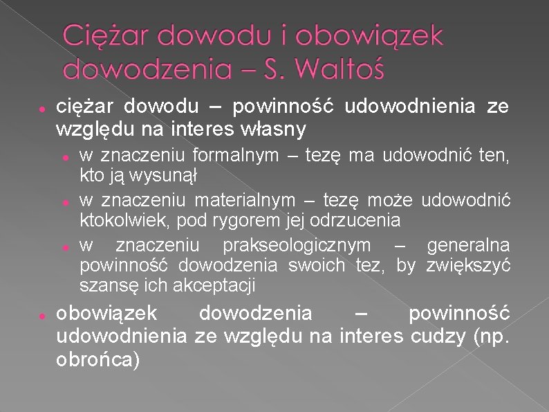  ciężar dowodu – powinność udowodnienia ze względu na interes własny w znaczeniu formalnym