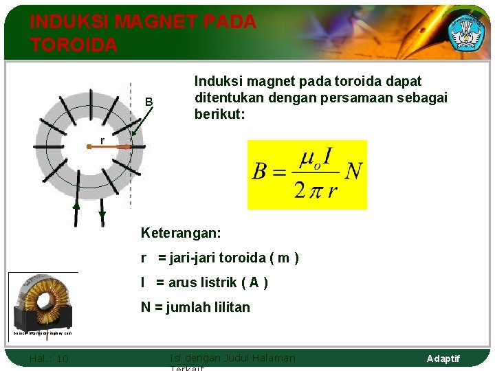 INDUKSI MAGNET PADA TOROIDA B Induksi magnet pada toroida dapat ditentukan dengan persamaan sebagai