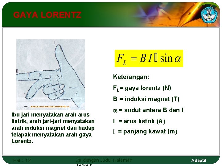 GAYA LORENTZ Keterangan: FL= gaya lorentz (N) B = induksi magnet (T) Source :