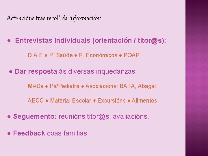 Actuacións tras recollida información: ● Entrevistas individuais (orientación / titor@s): D. A. E ♦