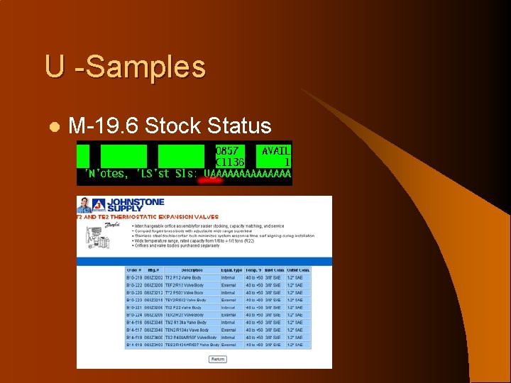 U -Samples l M-19. 6 Stock Status 