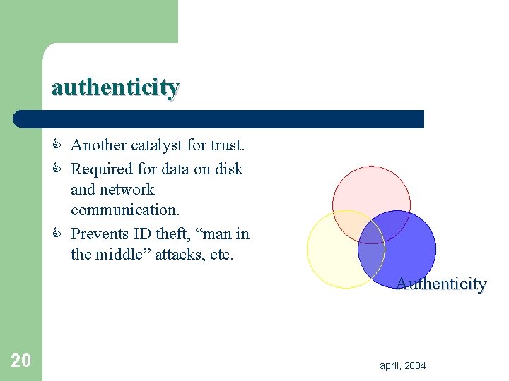 authenticity C Another catalyst for trust. C Required for data on disk and network authenticity C Another catalyst for trust. C Required for data on disk and network