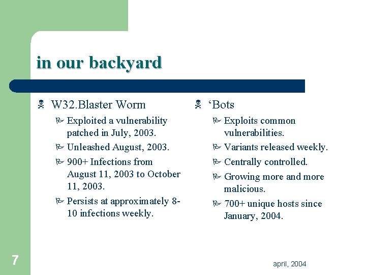 in our backyard N W 32. Blaster Worm 7 N ‘Bots P Exploited a in our backyard N W 32. Blaster Worm 7 N ‘Bots P Exploited a