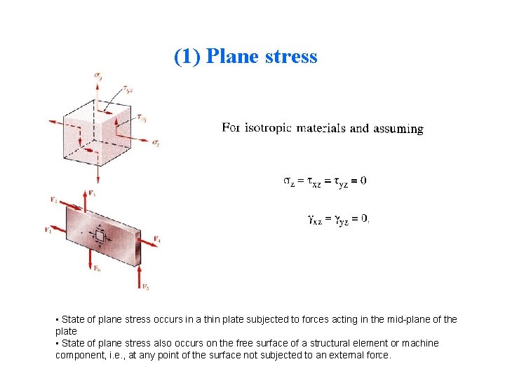 (1) Plane stress • State of plane stress occurs in a thin plate subjected