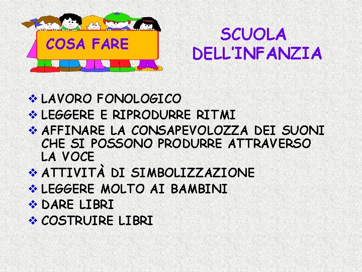 COSA FARE SCUOLA DELL’INFANZIA v LAVORO FONOLOGICO v LEGGERE E RIPRODURRE RITMI v AFFINARE