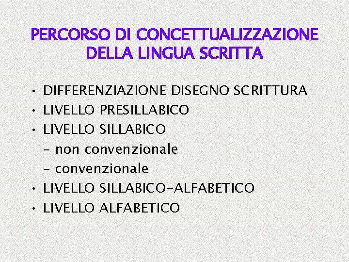 PERCORSO DI CONCETTUALIZZAZIONE DELLA LINGUA SCRITTA • DIFFERENZIAZIONE DISEGNO SCRITTURA • LIVELLO PRESILLABICO •