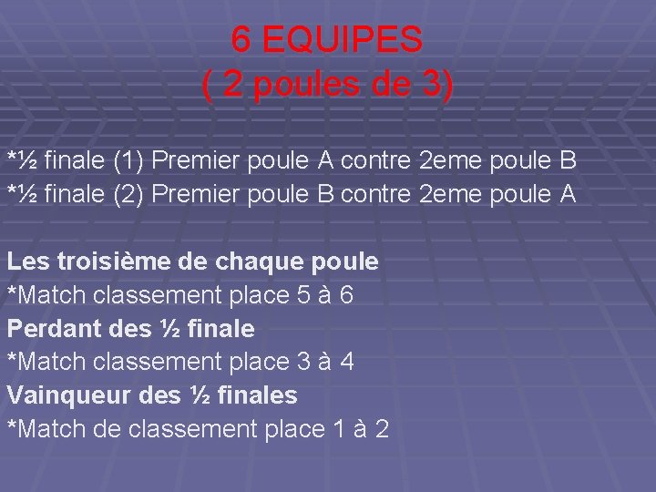6 EQUIPES ( 2 poules de 3) *½ finale (1) Premier poule A contre