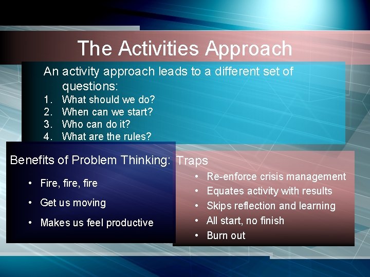 The Activities Approach An activity approach leads to a different set of questions: 1. The Activities Approach An activity approach leads to a different set of questions: 1.