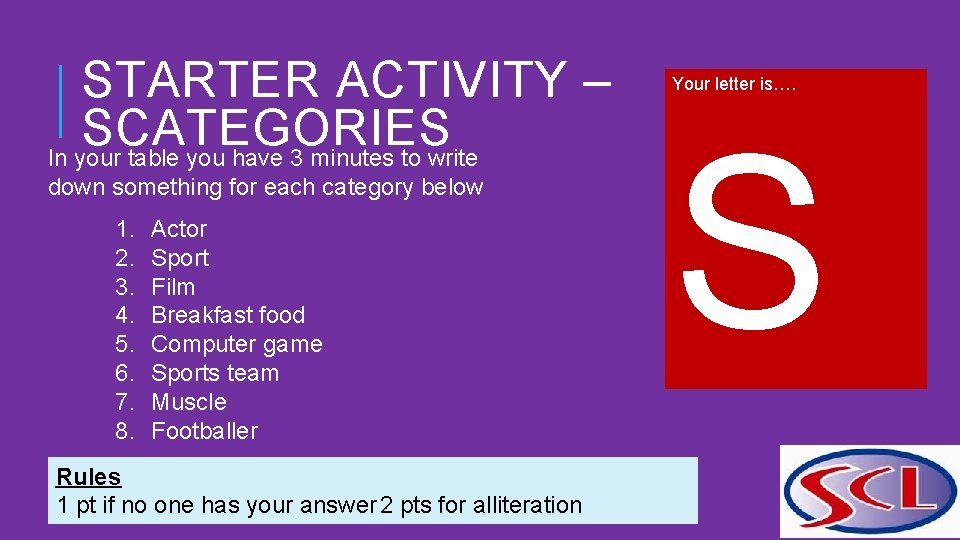 STARTER ACTIVITY – SCATEGORIES In your table you have 3 minutes to write down