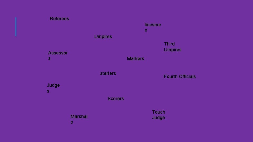 Referees linesme n Umpires Third Umpires Assessor s Markers starters Fourth Officials Judge s