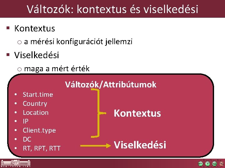 Változók: kontextus és viselkedési § Kontextus o a mérési konfigurációt jellemzi § Viselkedési o