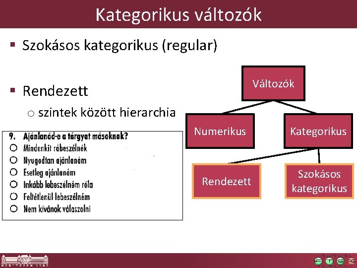 Kategorikus változók § Szokásos kategorikus (regular) Változók § Rendezett o szintek között hierarchia Numerikus Kategorikus változók § Szokásos kategorikus (regular) Változók § Rendezett o szintek között hierarchia Numerikus