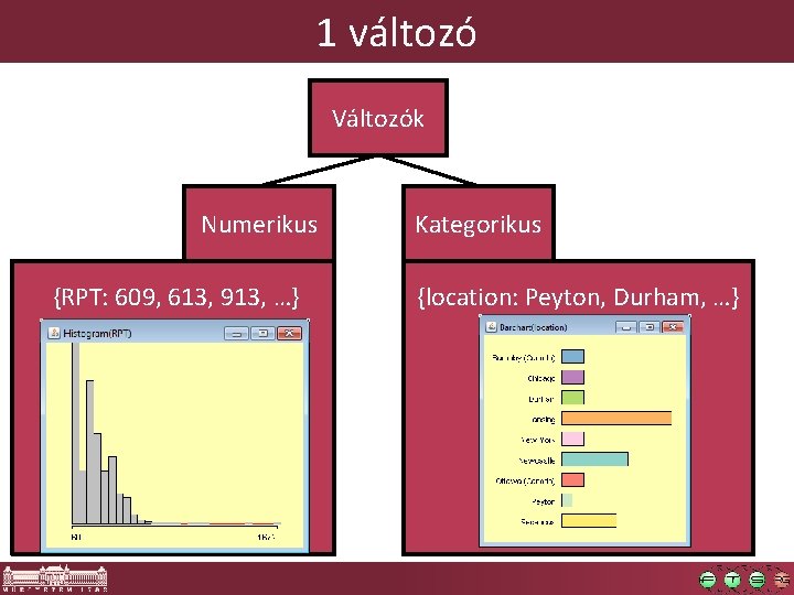 1 változó Változók Numerikus {RPT: 609, 613, 913, …} Kategorikus {location: Peyton, Durham, …} 1 változó Változók Numerikus {RPT: 609, 613, 913, …} Kategorikus {location: Peyton, Durham, …}