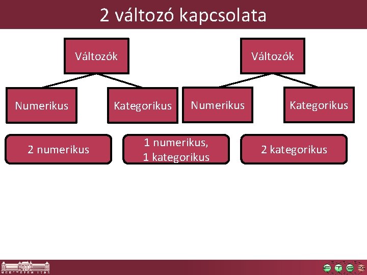 2 változó kapcsolata Változók Numerikus 2 numerikus Kategorikus Numerikus 1 numerikus, 1 kategorikus Kategorikus