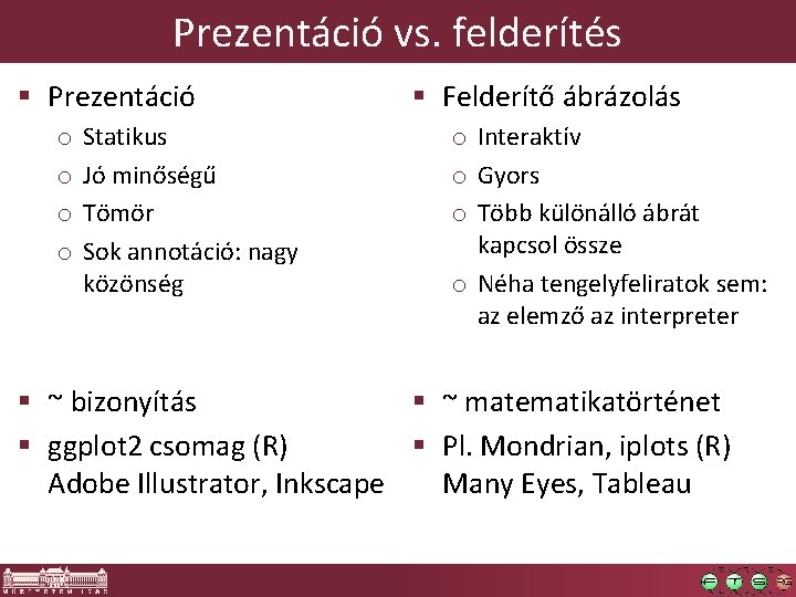 Prezentáció vs. felderítés § Prezentáció o o Statikus Jó minőségű Tömör Sok annotáció: nagy