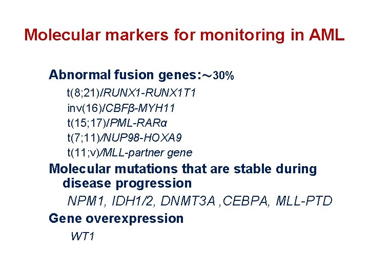 Molecular markers for monitoring in AML Abnormal fusion genes: ～ 30% t(8; 21)/RUNX 1