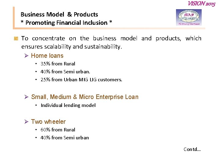 VISION 2015 Business Model & Products * Promoting Financial Inclusion * To concentrate on