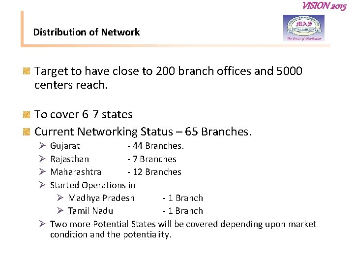 VISION 2015 Distribution of Network Target to have close to 200 branch offices and