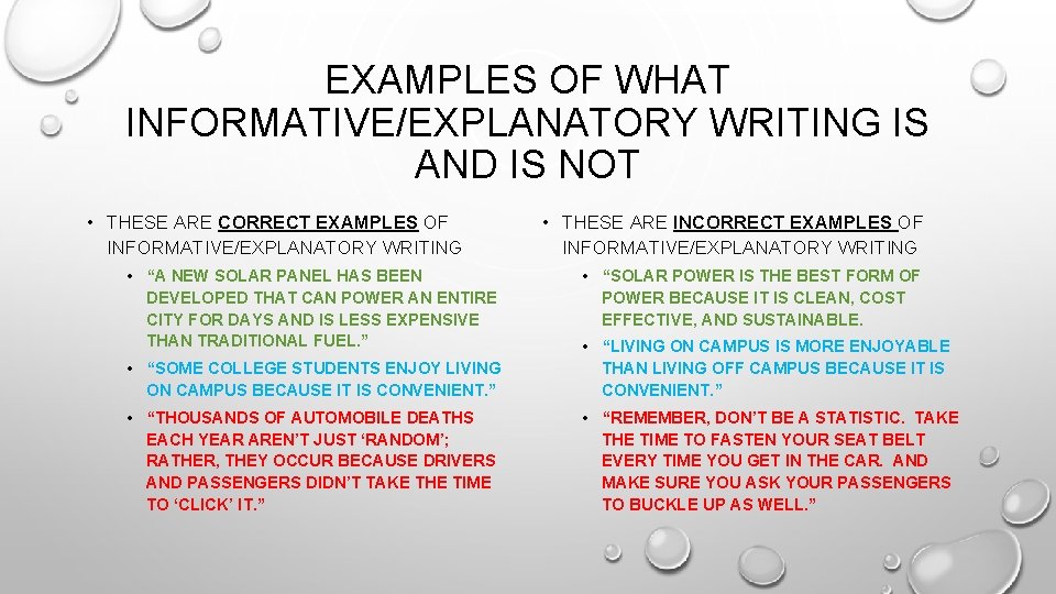 EXAMPLES OF WHAT INFORMATIVE/EXPLANATORY WRITING IS AND IS NOT • THESE ARE CORRECT EXAMPLES