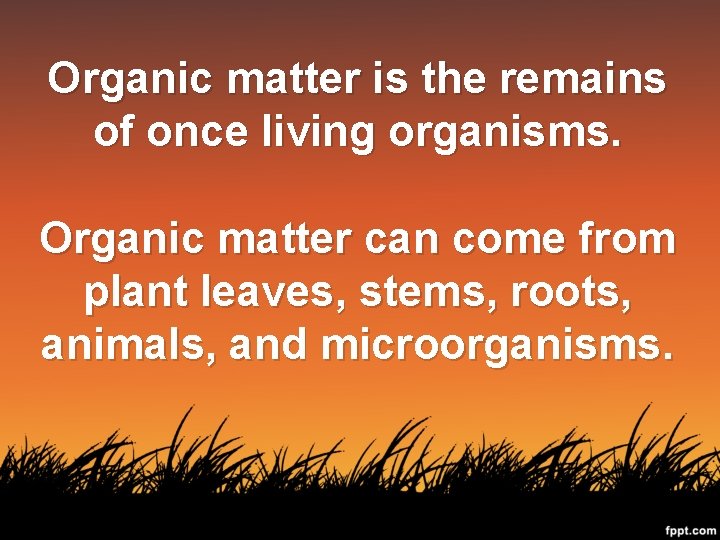 Organic matter is the remains of once living organisms. Organic matter can come from