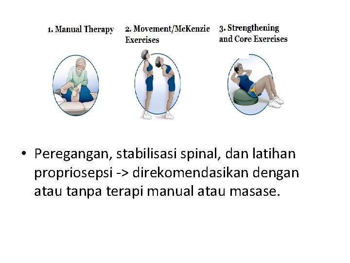  • Peregangan, stabilisasi spinal, dan latihan propriosepsi -> direkomendasikan dengan atau tanpa terapi