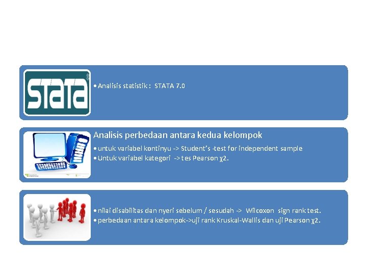  • Analisis statistik : STATA 7. 0 Analisis perbedaan antara kedua kelompok •