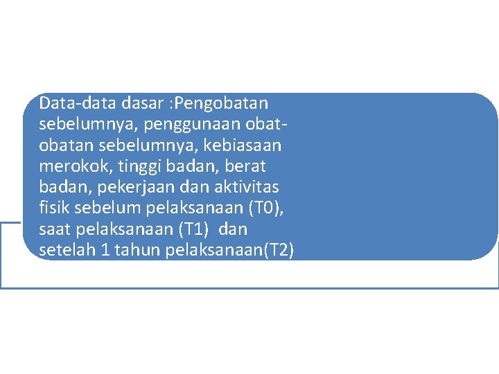 Data-data dasar : Pengobatan sebelumnya, penggunaan obatan sebelumnya, kebiasaan merokok, tinggi badan, berat badan,