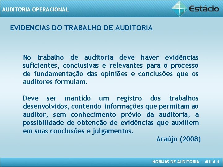 AUDITORIA OPERACIONAL EVIDENCIAS DO TRABALHO DE AUDITORIA No trabalho de auditoria deve haver evidências