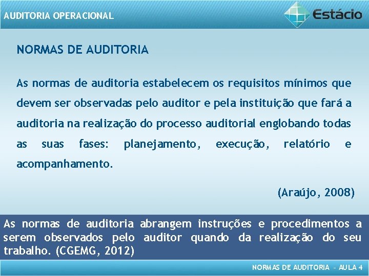 AUDITORIA OPERACIONAL NORMAS DE AUDITORIA As normas de auditoria estabelecem os requisitos mínimos que