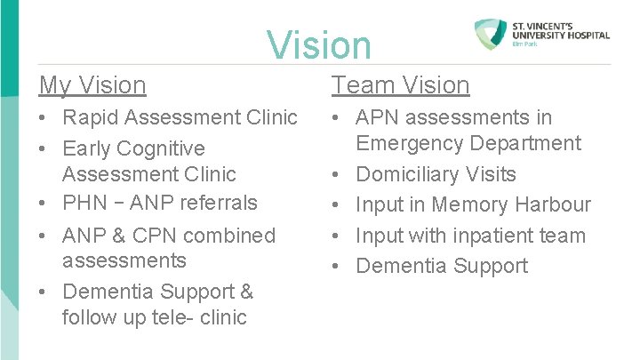 Vision My Vision Team Vision • Rapid Assessment Clinic • Early Cognitive Assessment Clinic