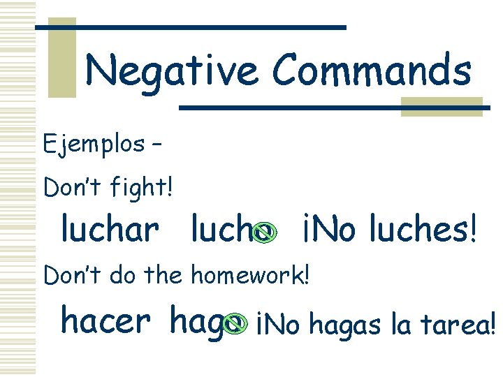 Negative Commands Ejemplos – Don’t fight! luchar lucho ¡No luches! Don’t do the homework!