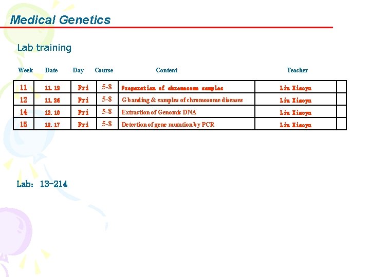 Medical Genetics Lab training Week Date Day Course Content Teacher 11 11. 19 Fri
