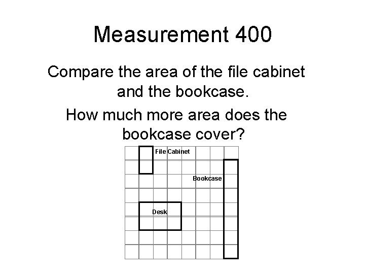 Measurement 400 Compare the area of the file cabinet and the bookcase. How much