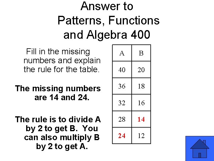 Answer to Patterns, Functions and Algebra 400 Fill in the missing numbers and explain