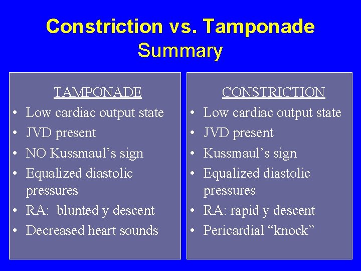 Constriction vs. Tamponade Summary • • • TAMPONADE Low cardiac output state JVD present