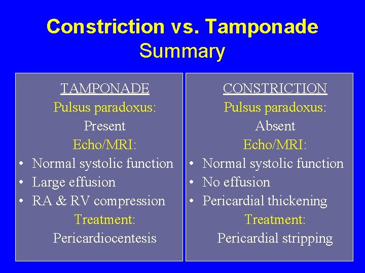 Constriction vs. Tamponade Summary TAMPONADE Pulsus paradoxus: Present Echo/MRI: • Normal systolic function •