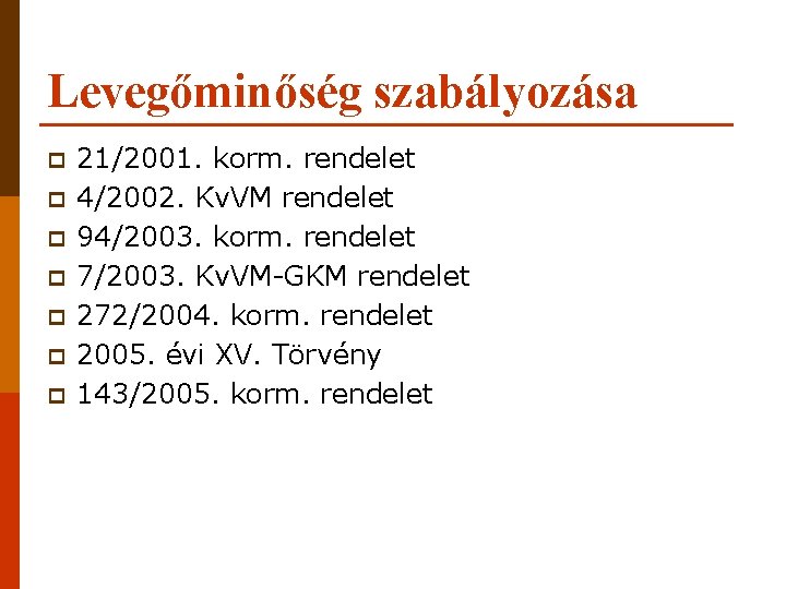 Levegőminőség szabályozása p p p p 21/2001. korm. rendelet 4/2002. Kv. VM rendelet 94/2003.