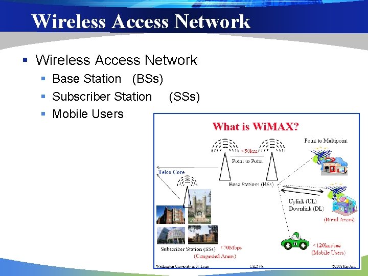 Wireless Access Network § Base Station (BSs) § Subscriber Station (SSs) § Mobile Users