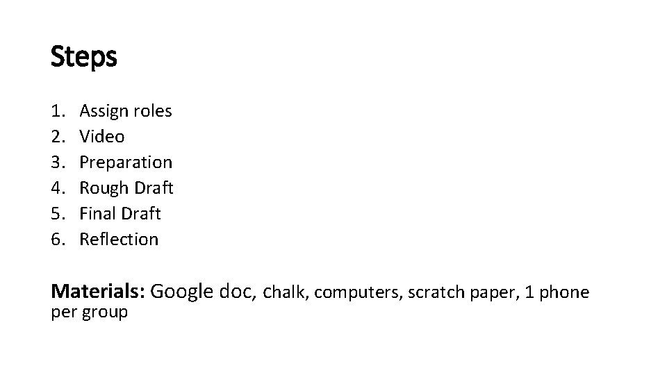 Steps 1. 2. 3. 4. 5. 6. Assign roles Video Preparation Rough Draft Final