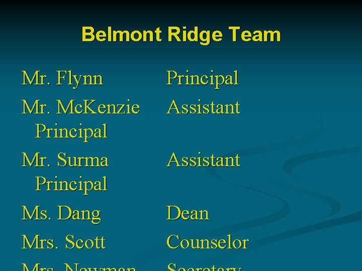 Belmont Ridge Team Mr. Flynn Mr. Mc. Kenzie Principal Mr. Surma Principal Ms. Dang
