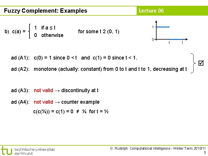 Lecture 06 Fuzzy Complement: Examples b) c(a) = 1 if a ≤ t 0