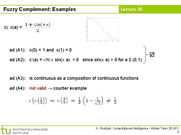 Fuzzy Complement: Examples Lecture 06 c) c(a) = ad (A 1): c(0) = 1