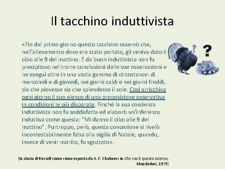 Il tacchino induttivista «Fin dal primo giorno questo tacchino osservò che, nell'allevamento dove era