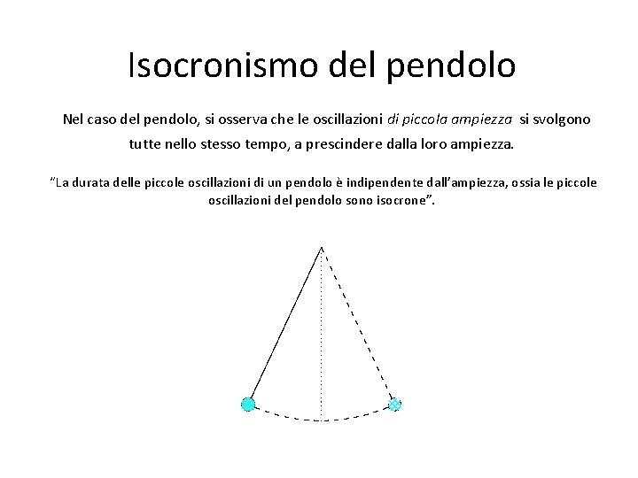 Isocronismo del pendolo Nel caso del pendolo, si osserva che le oscillazioni di piccola